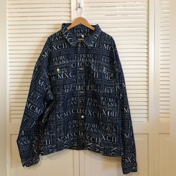 Vintage 90s FUBU Denim All Over Print MCMXCII Jeans Collection Jacket 5X - Picture 1 of 14
